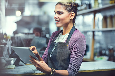 Buy stock photo Shot of a young woman using a digital tablet in the store that she works at