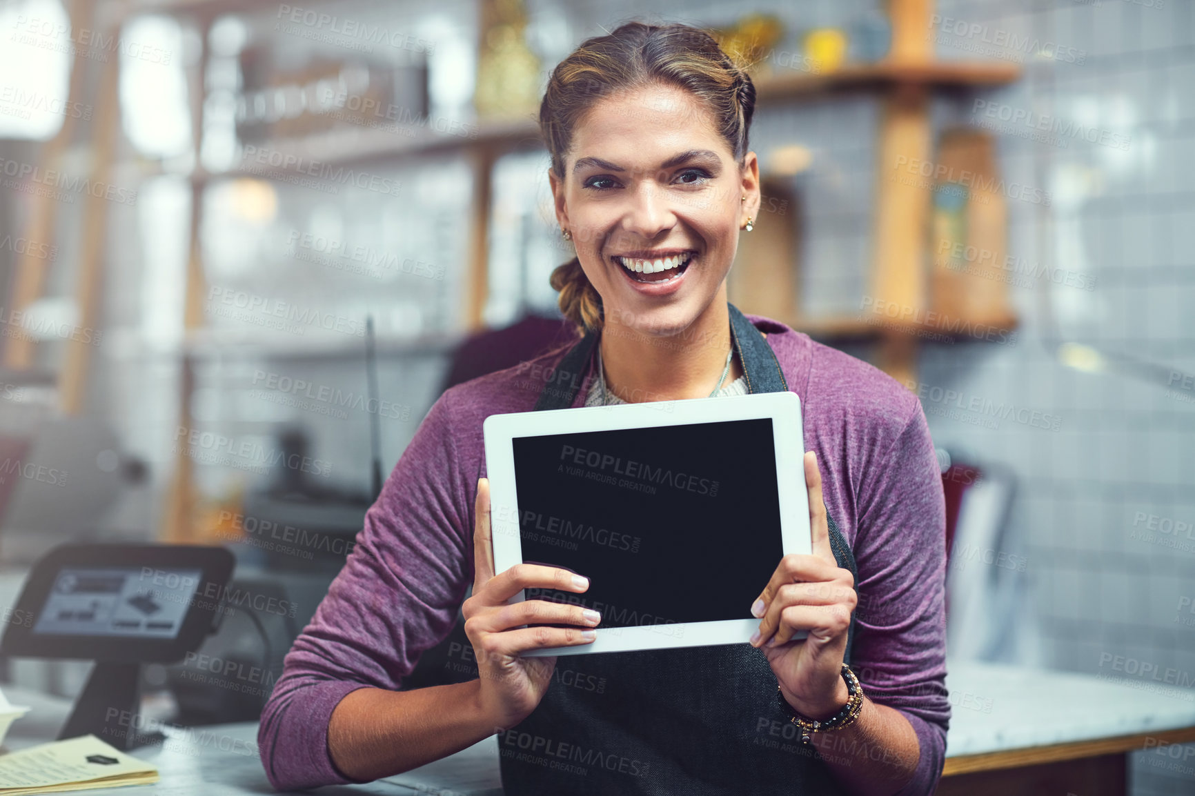 Buy stock photo Tablet screen, portrait and mockup with woman at cafe for small business, promotion or restaurant launch. Website, barista and digital sign with person at coffee shop for waiter, manager or store