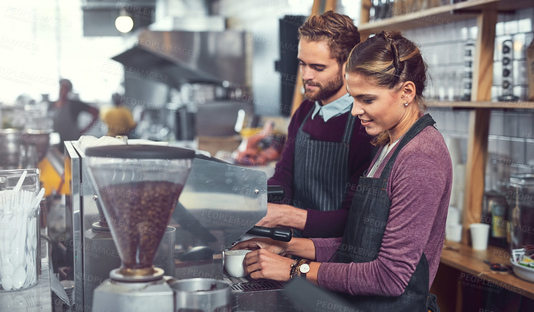 Buy stock photo Cafe, man and woman at coffee machine together for morning service with small business employees. Espresso, drink and barista in restaurant with server, teamwork and support at hospitality startup.