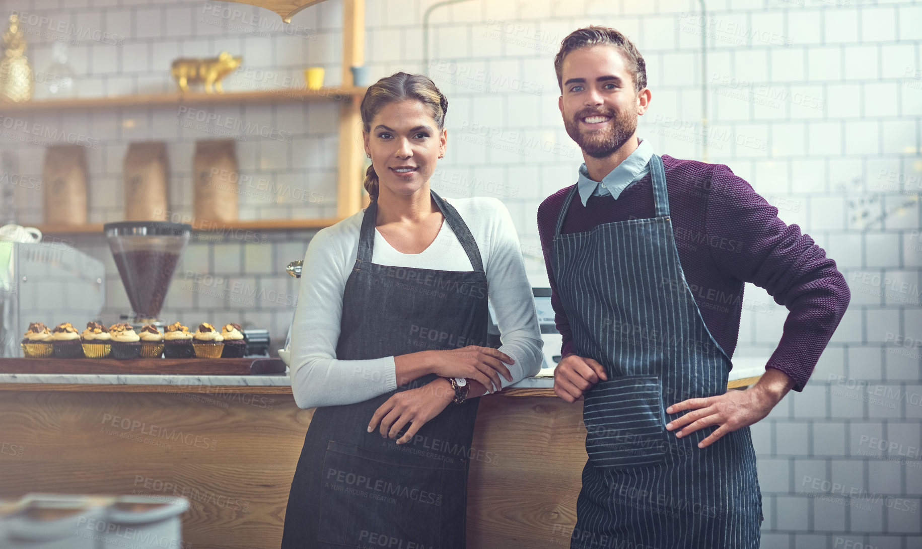 Buy stock photo Business owners, happy and portrait in restaurant for startup, collaboration or partnership. Entrepreneur team, smile and confident in coffee shop for customer service, hospitality industry and pride