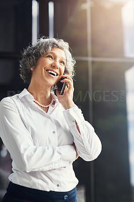 Buy stock photo Business, woman and talking with phone for career or outdoor call, conversation with client for case. Female attorney, law firm and mobile with smile for news on court, advocate or lawyer with plan