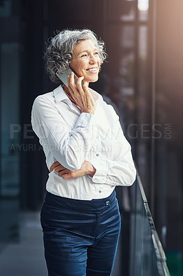 Buy stock photo Business, woman and thinking with mobile for career on call, conversation with client for case. Female attorney, law firm and phone with smile for news on court, advocate or lawyer for justice