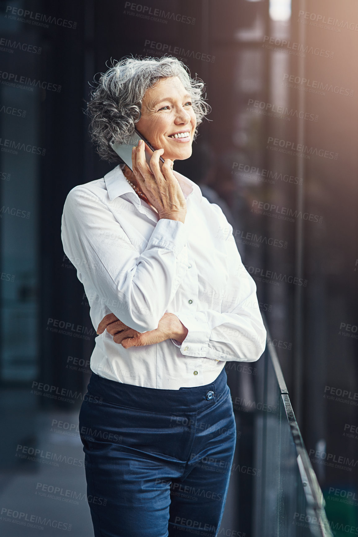 Buy stock photo Business, woman and thinking with phone call for career with legal, conversation with client for case. Female attorney, law firm and mobile with smile for news on court, mature advocate or lawyer