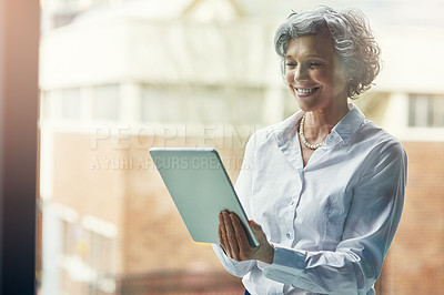 Buy stock photo Business, mature woman and tablet in workplace for reading, digital networking and corporate app for work. Professional, female ceo and technology for contact, internet search or online connection