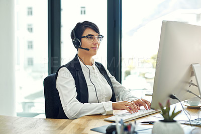 Buy stock photo Woman, computer and smile as employee at call center with customer or client support and service. Office, crm and advisor or consultant with confidence or satisfied on job and career growth as agent