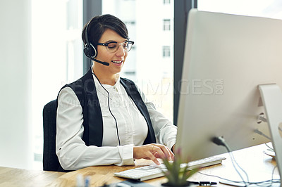 Buy stock photo Woman, computer and happy as employee at call center with customer or client support and service. Office, crm and advisor or consultant with confidence or satisfied on job and career growth as agent
