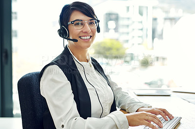 Buy stock photo Professional, portrait or business woman with headset in office for job, service agent or happy. Career, female worker or consultant with smile, microphone and computer for typing email in workplace
