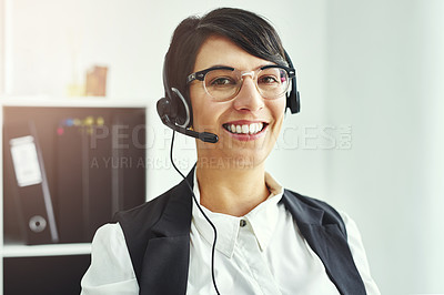 Buy stock photo Professional, portrait or woman with headset in office for job, service agent or happy. Business career, female worker or consultant with smile, microphone and pride for communication in workplace