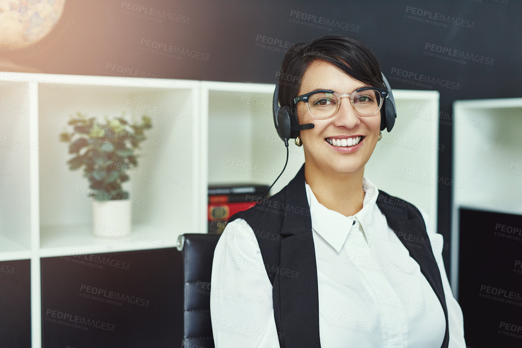 Buy stock photo Portrait, smile and woman with headset in office for career, executive or telecommunication. Professional, business person or advisor for advice, support or answer questions for customer service
