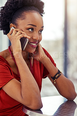 Buy stock photo Phone call, smile and black woman talking at table, listening or conversation in restaurant. Cellphone, communication and African female person speaking, discussion and networking, thinking and chat.