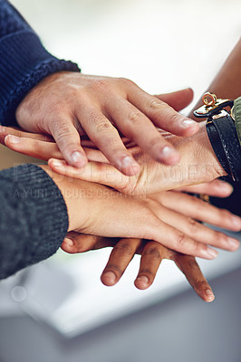 Buy stock photo Stack, hands and business people with teamwork, cooperation and motivation for project launch. Staff, group or men with women and palms together with collaboration, support or company goal with trust