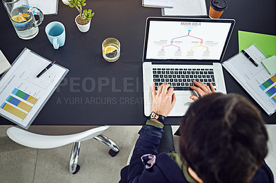 Buy stock photo Hands, laptop and planning top view with idea at desk, mindmap and brainstorming for SEO project. Productivity, research and person typing info, flow chart and digital marketing strategy at startup