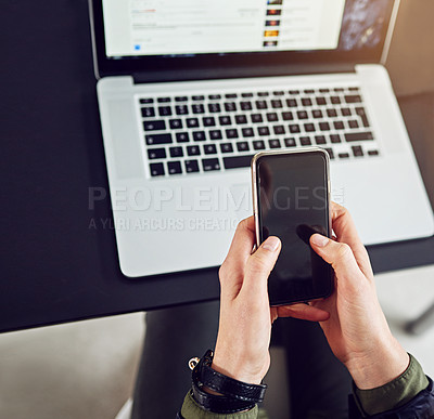 Buy stock photo Cellphone, hands and technology in workplace for communication, social median and networking. Laptop, email and marketing for startup company, business influencer and internet for live streaming