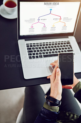 Buy stock photo Computer, screen and hand of person with phone for research on business ideas, proposal and development. Planning, strategy and consultant with laptop, smartphone and online presentation for startup