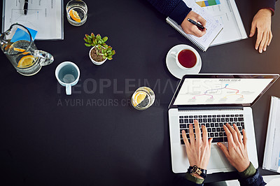 Buy stock photo Hands, laptop and top view of meeting for planning, mindmap and team brainstorming for SEO project. Collaboration, research and info on flow chart, people and digital marketing strategy at startup