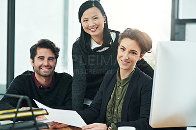 Buy stock photo Teamwork, training and portrait of business people with a report for planning and work agenda. Happy, help and a manager with employees and a document for a strategy, collaboration or schedule