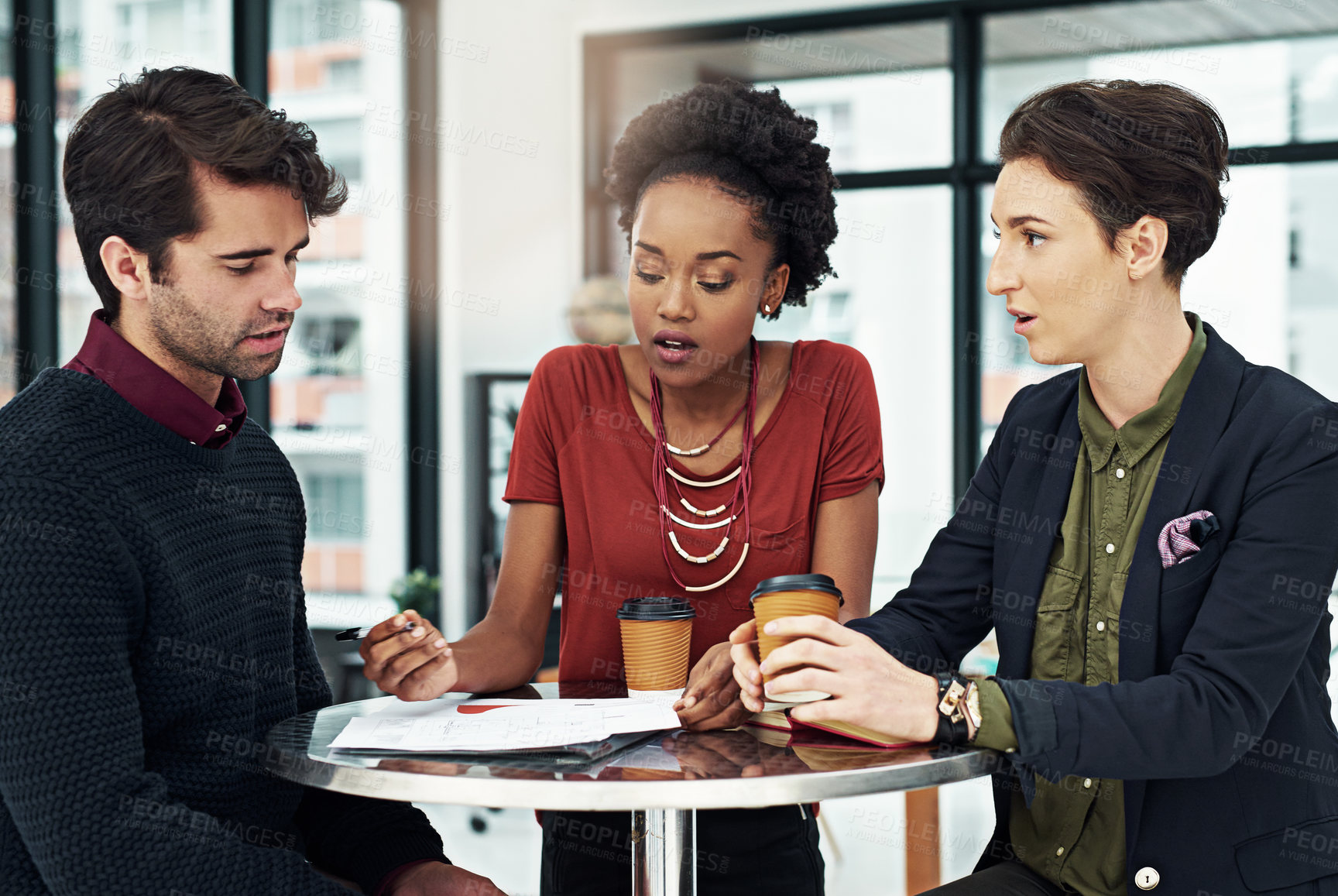 Buy stock photo Business people and teamwork with talking for work, planning research and collaboration with coffee and documents in office. Corporate people, conversation and rust with ideas for company proposal