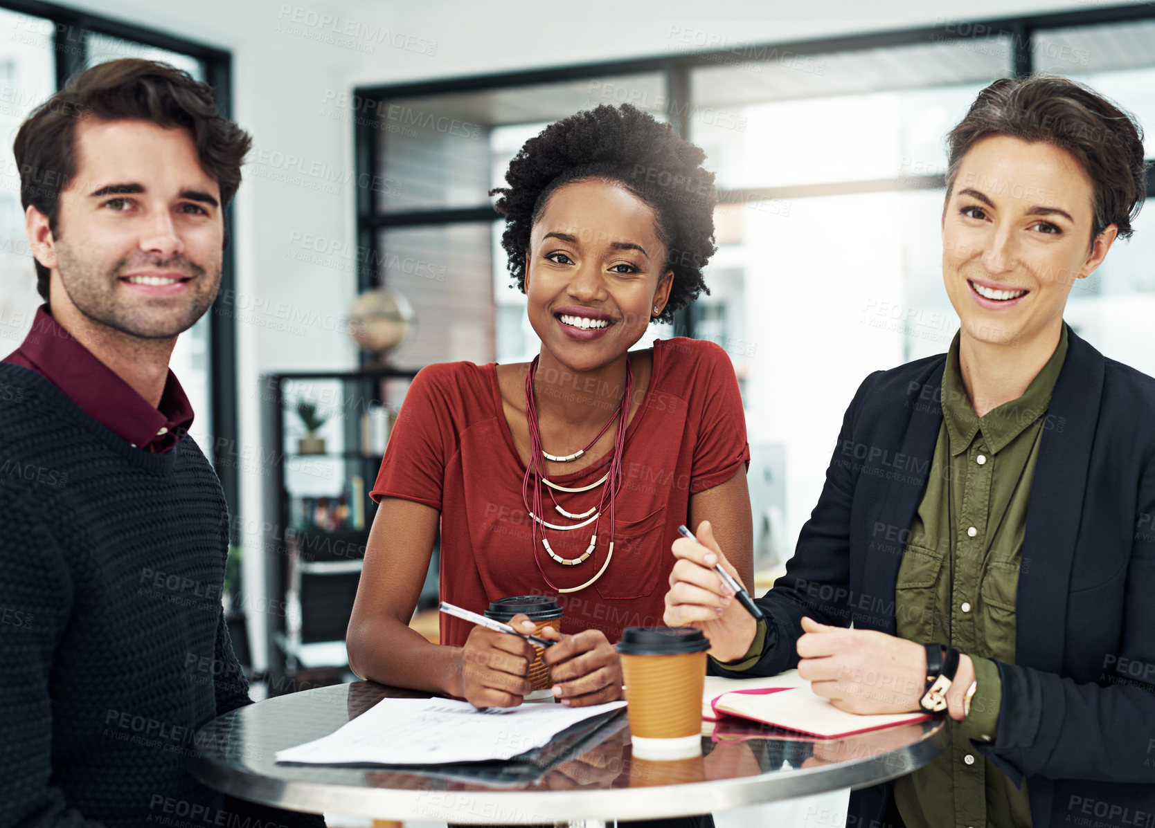 Buy stock photo Portrait, smile and group of business people in office for writing notes, cooperation or about us in creative startup. Face, happy team and collaboration of diverse staff, editor or coworking at desk