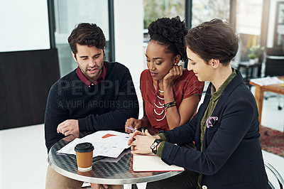 Buy stock photo Business, people and teamwork at office with planning for meeting on brainstorming and collaboration for project. Graphic designer, discussion and smile in startup company for report and feedback

