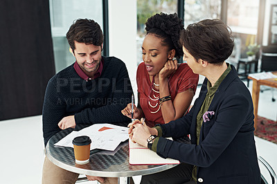Buy stock photo Business people and meeting with team fro collaboration on planning or research at a table with coffee and documents. Corporate group, smile and conversation for ideas or vision for company project