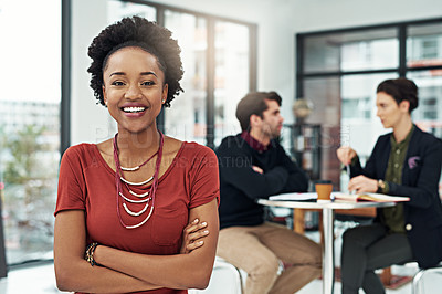 Buy stock photo Portrait, business and smile of black woman with arms crossed in office workplace. Face, confidence and African female professional, entrepreneur and person with happiness, pride for career or job.