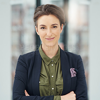 Buy stock photo Portrait, business woman and smile with arms crossed in office workplace. Face, confidence and female professional, entrepreneur and person from Australia with happiness, pride for career and job.