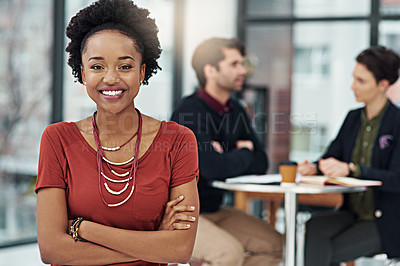 Buy stock photo Portrait, business and happy black woman with arms crossed in office workplace. Face, confidence and African female professional, entrepreneur and person with happiness, pride for career and job.