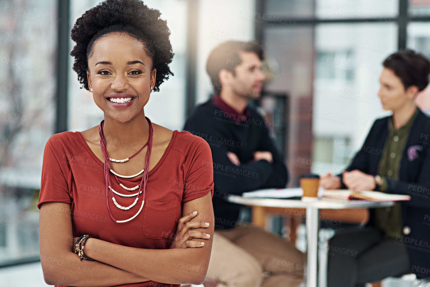 Buy stock photo Portrait, business and happy black woman with arms crossed in office workplace. Face, confidence and African female professional, entrepreneur and person with happiness, pride for career and job.