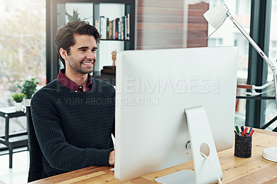 Buy stock photo Happy, businessman and computer in corporate for 
office for ideas, research and planning from technology for start up company. Wireless, laptop and online to review information with monitor by desk