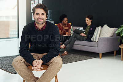 Buy stock photo Portrait, business man and smile on chair in office, workplace or corporate company. Face, confidence and male professional, entrepreneur and person sitting with happiness, pride for career or leader