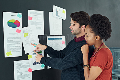 Buy stock photo Business people, meeting and strategy with documents on storyboard, sticky note and project timeline with teamwork. Corporate collaboration, discussion and paperwork for research, analysis and graphs