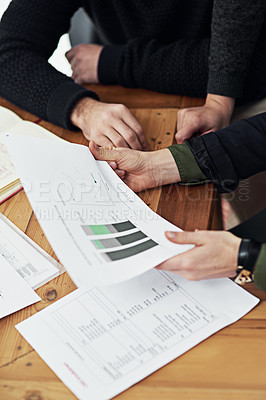 Buy stock photo Hands, meeting and documents with graphs for analysis, communication and teamwork, people and financial business growth. Corporate collaboration, paperwork with market statistics and data analytics