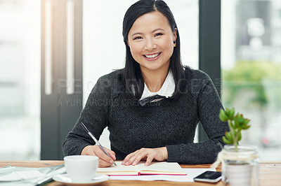 Buy stock photo Author, woman and portrait in office, notebook and writing for career, creativity and entrepreneur in job. Asian girl, business and smile for workplace, copywriter and person with schedule for agency