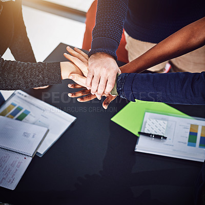 Buy stock photo Closeup, meeting or business people with hands in stack for mission goals, collaboration or teamwork. Above, community or employees in cooperation with office support, solidarity or group motivation