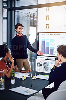 Buy stock photo Business people, salesman or screen for presentation, education or training data in meeting. Graphs, financial coaching or speaker teaching audience on charts stats on monitor in workshop or speech