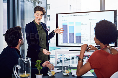 Buy stock photo Business people, saleswoman or screen for coaching, graphs or training data in meeting. Education, financial presentation or speaker teaching audience on charts stats on monitor in workshop or speech