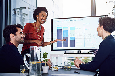 Buy stock photo Business people, saleswoman or monitor for presentation, graphs or training data in meeting. Education, financial coaching or speaker teaching audience on charts stats on screen in workshop or speech