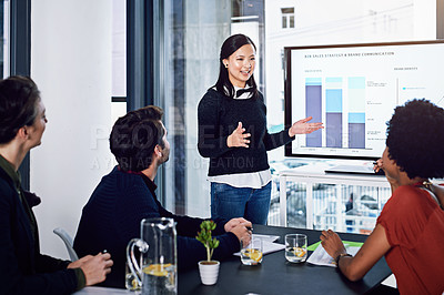 Buy stock photo Business people, saleswoman or screen for workshop, graphs or training data in meeting. Education, financial presentation or speaker teaching audience on charts stats on monitor in coaching or speech