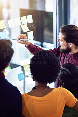Buy stock photo Businessman, glass and write to coach in office, teamwork and idea for solution with sticky notes. High angle, male person and schedule for problem solving, support and mentor for project brainstorm