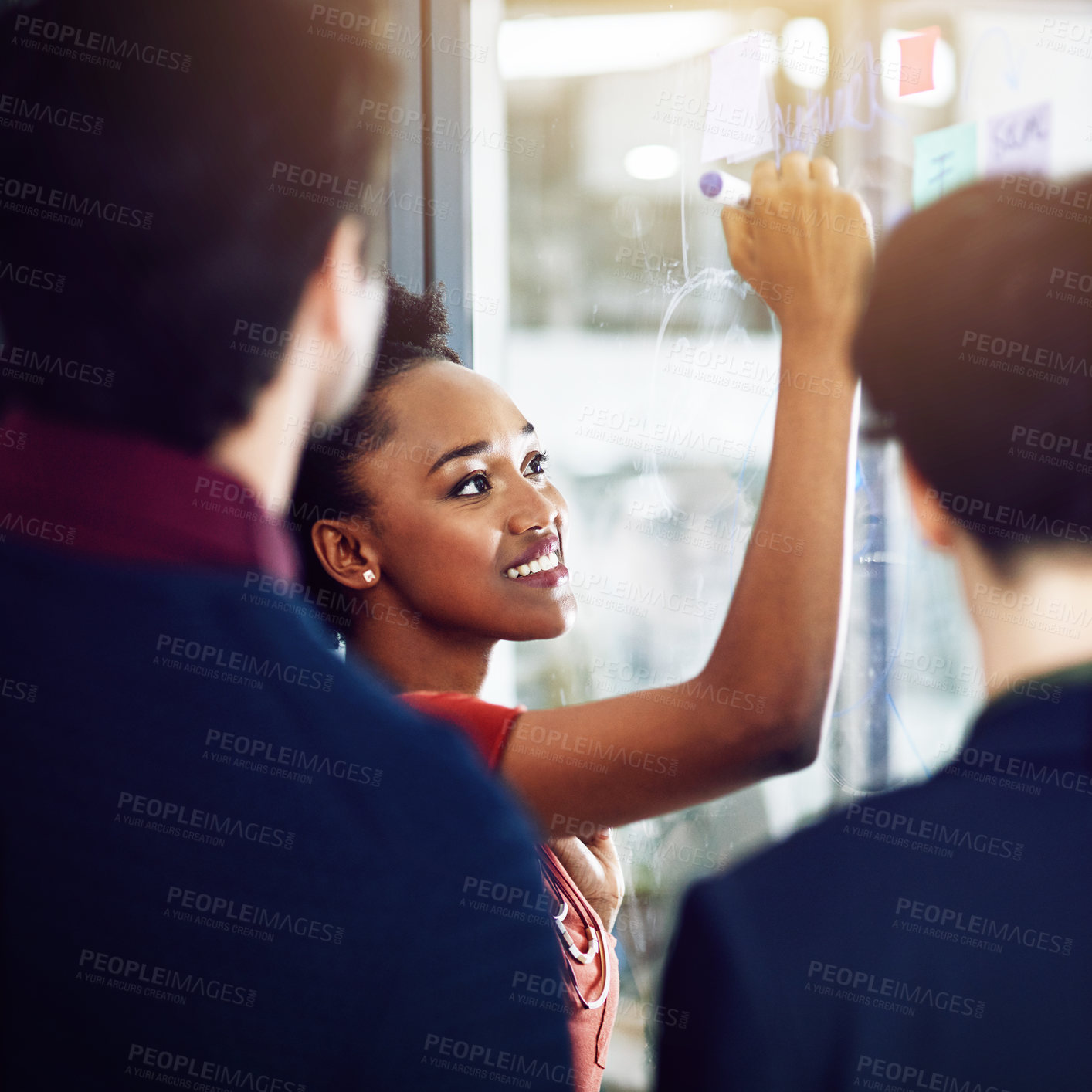 Buy stock photo Black woman, glass and writing notes in office, teamwork and idea for solution or planning. Colleagues, female person and schedule for problem solving, support and coaching for project brainstorm