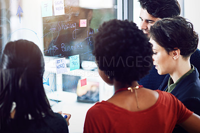 Buy stock photo Business people, glass and notes for feedback in office, teamwork and mind map or idea for solution. Colleagues, back and employees for problem solving, support and speaking for project brainstorm