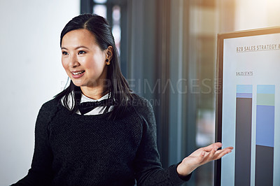 Buy stock photo Business, Asian woman or screen for workshop, graphs or training data in sales education. Meeting, financial presentation or speaker teaching on charts stats or growth on monitor in coaching speech