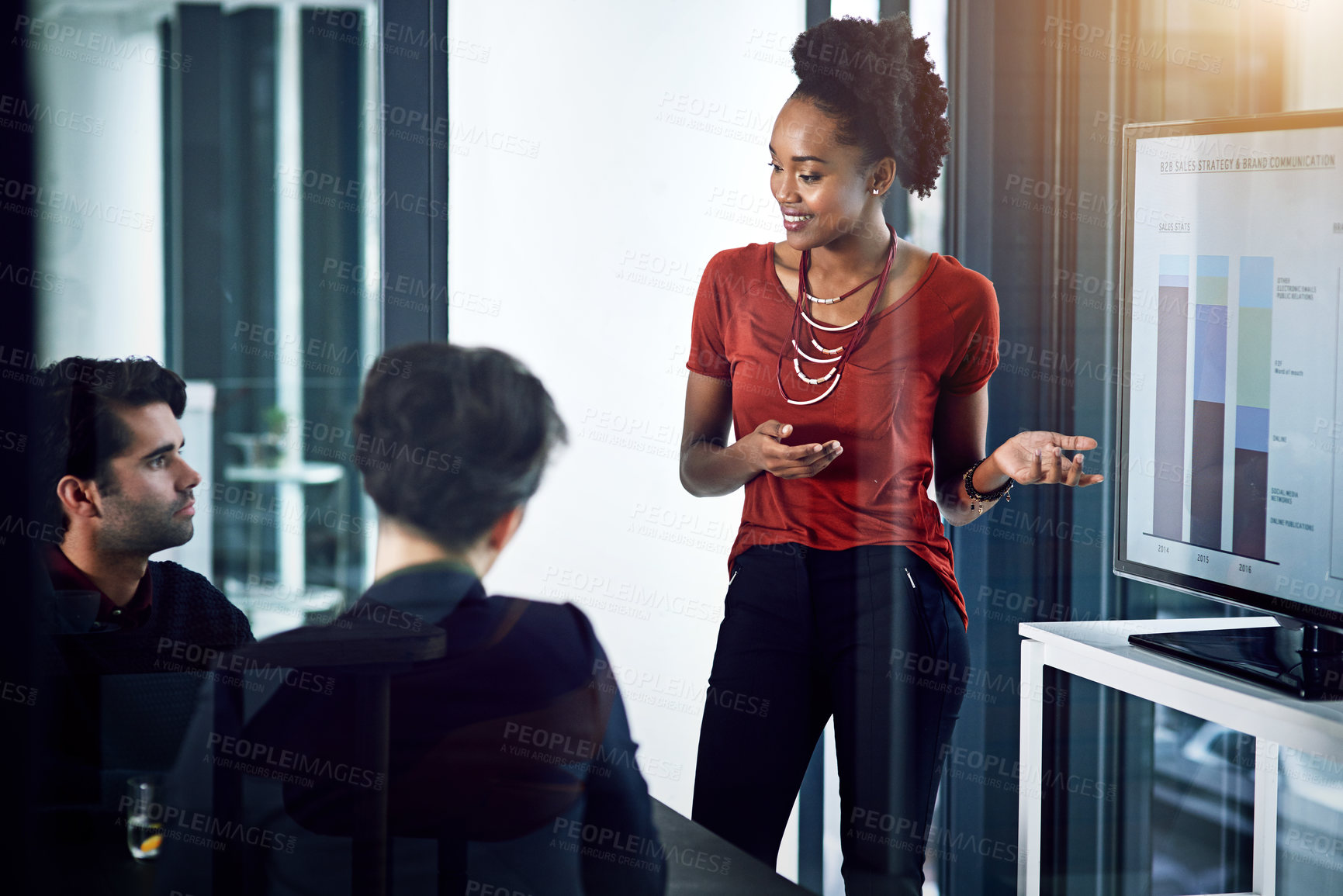 Buy stock photo Cropped shot of a young businesswoman giving a presentation in the boardroom