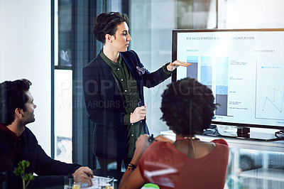 Buy stock photo Business people, woman or screen for workshop, graphs or training data in sales education. Meeting, financial presentation or speaker teaching audience on charts stats on monitor in coaching speech