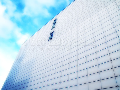 Buy stock photo Skyscraper, city and low angle with window, sky and clouds with postmodern architecture for urban expansion. Office building, mirror and metro with property, glass and downtown real estate in Korea