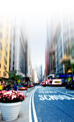 Buy stock photo City, street and buildings with transport for travel with school sign, architecture and sidewalk. Blurry, infrastructure commute and downtown explore, empty road and urban development with trip view