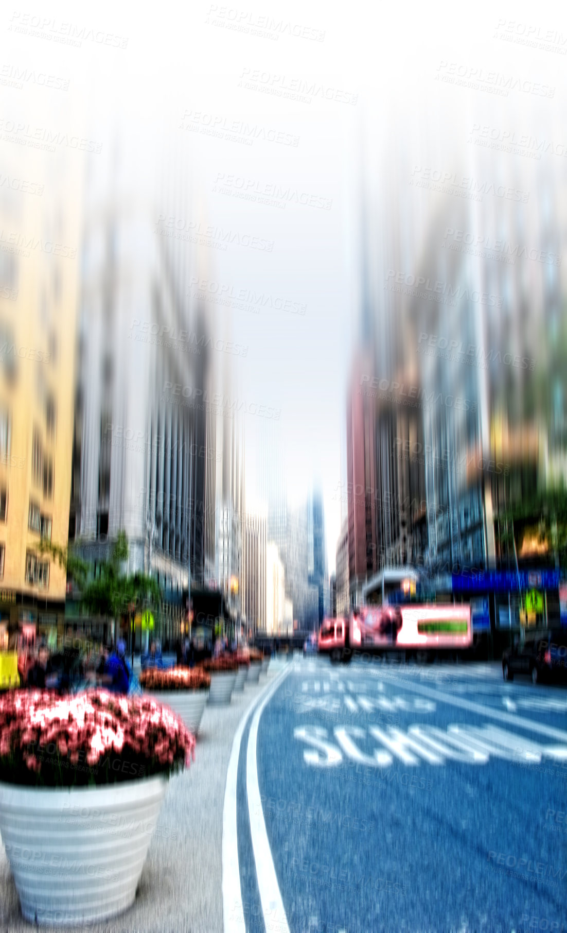 Buy stock photo City, street and buildings with transport for travel with school sign, architecture and sidewalk. Blurry, infrastructure commute and downtown explore, empty road and urban development with trip view