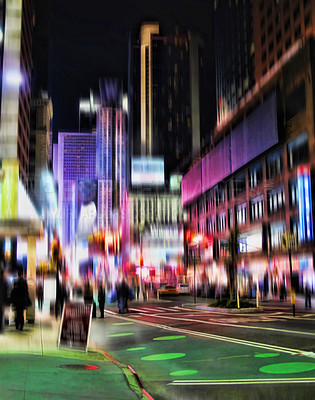 Buy stock photo City, road and buildings at night for travel with transport speed, street lights and pedestrian crossing. Blurry, infrastructure commute and environment, nightlife explore and urban tourism outdoor