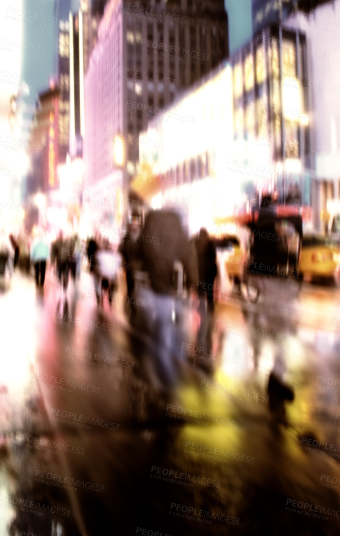 Buy stock photo Urban, street and buildings at night for travel with transport speed, city lights and sidewalk. Blurry, infrastructure commute and people walking, nightlife explore and tourism with road outdoor