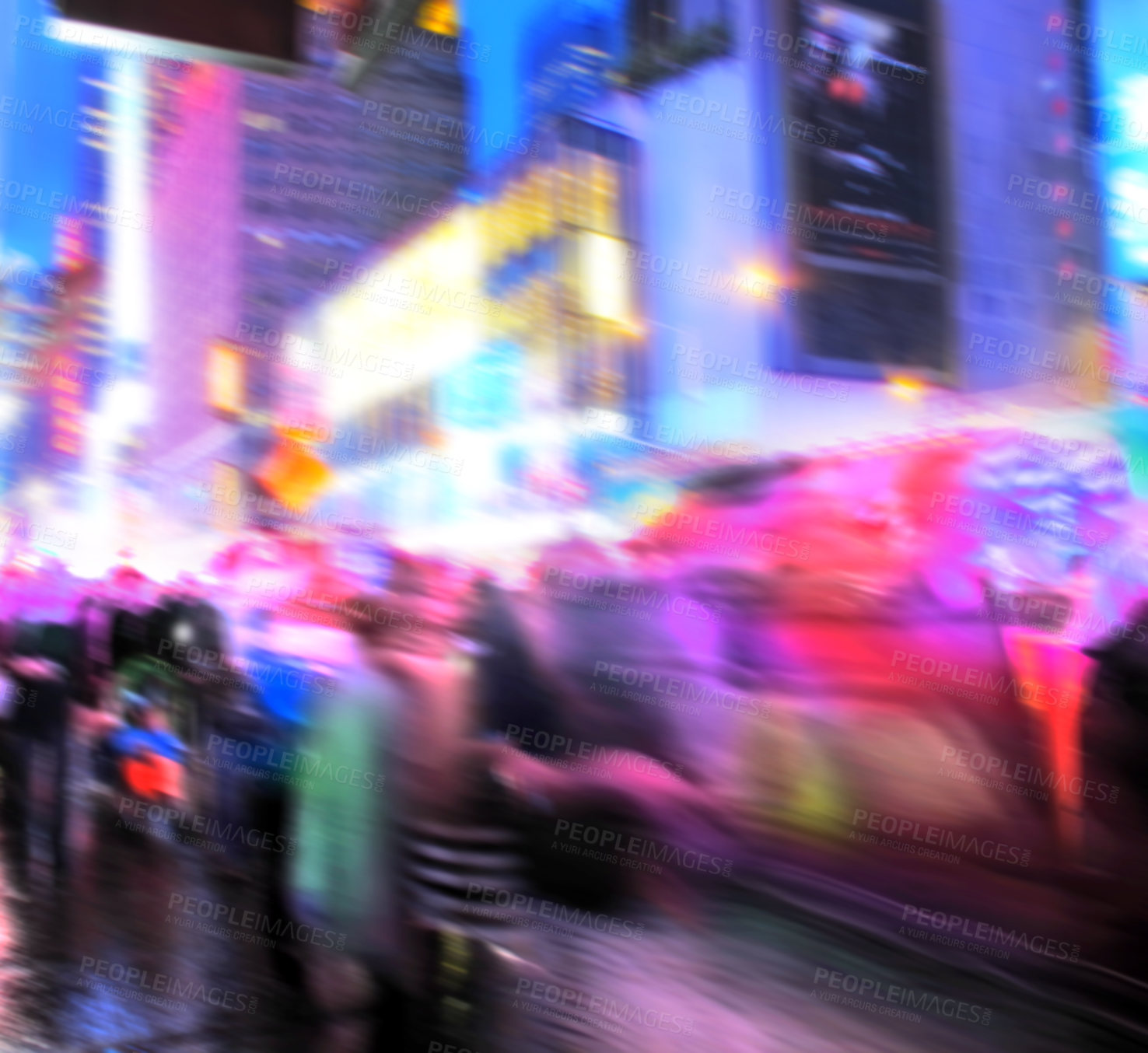 Buy stock photo Urban, lights and buildings at night for travel with transport speed, city and sidewalk movement. Blurry, infrastructure commute and people walking, explore nightlife and tourism outdoor in New York